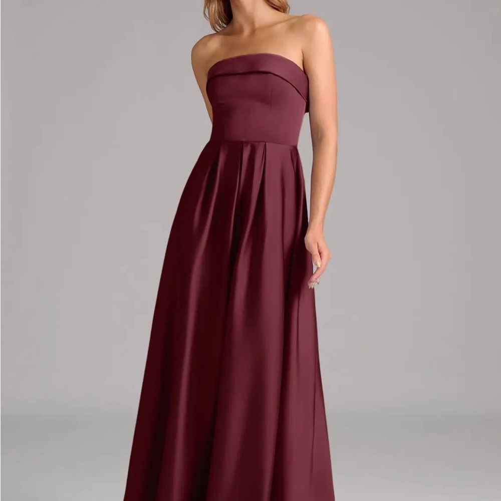 Azazie tags on Strapless Burgundy Evening Gown